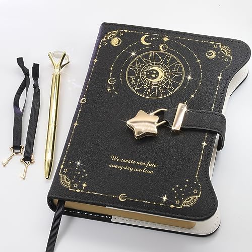 Hoci Poci Diary with Lock and Keys for Girls Gift Ideas, Refillable Journal for Women, Secret Notebook with Lined Pages for Writing Drawing, Pen and Bookmark Included (AstroZodiac, Dark Night)