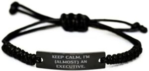 Read more about the article Keep Calm, I’m (almost) an. Black Rope Bracelet, Executive Engraved Bracelet, Appreciation Gifts For Executive from Friends, Executive black rope bracelet gift for him, Executive black rope bracelet
