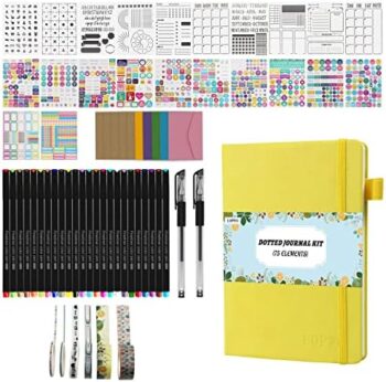 LOPWO Bullet Dotted Journal Kit with Gift Box - Including 192 Numbered Pages A5 Notebook, Colored Pens, Stickers, Stencils, Washi Tapes, Small Envelopes and Accessories (Yellow)