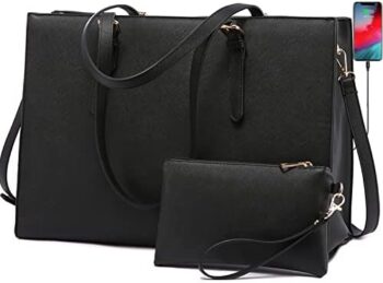 LOVEVOOK Laptop Bag for Women, Fashion Computer Tote Bag Large Capacity, Leather Shoulder Bag Purse Set, Professional Business Work Briefcase for Office Lady 2PCs, Fit 15.6 Inch Laptop, Black