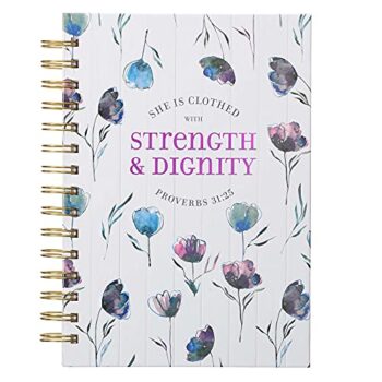 Large Hardcover Journal, She is Clothed with Strength and Dignity – Proverbs 31:25, Blue/Purple Watercolor Tulips Inspirational Wire Bound Spiral Notebook w/192 Lined Pages, 6” x 8.25”