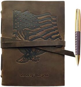 Read more about the article Leather Bound Journal for Men and Women, Handmade Patriotic Gift Set with USA Flag and Eagle Embossed Journal and Stylish Pen, Vintage Notebook, Sketchbook, Planner and Diary A5 (300 Pages) (8×6″)