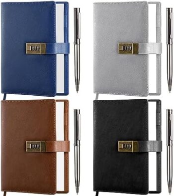 Lincia 8 Pcs Gift for Men 4 Pcs Thicken Diary Journal with Lock A5 240 Pages with 4 Pen and Gift Box for Boss Day Father Gift, Waterproof Refillable PU Leather Writing Planner 8.3 x 5.8 Inch