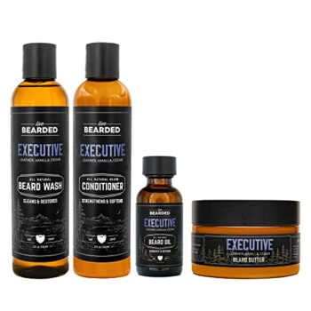 Live Bearded Complete Beard Grooming Kit - Executive - Beard Conditioner, Beard Wash, Beard Oil and Beard Butter - All-Natural Beard Growth Support with Shea Butter, Jojoba Oil and More - Made in USA