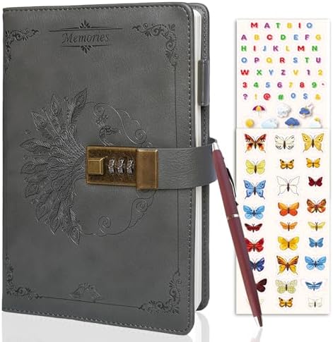 MATBIO Diary With Lock for Women & Adults, A5 Refillable Leather Locked Journal for Girl & Boy 250 pages, Password Lockable diaries with Pen & Stickers, and Gift Box (Gray)