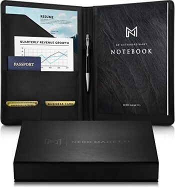 NERO MANETTI- Leather Portfolio Folder - Business PU Leather Portfolio Notepad Holder for Resumes, Legal Pad Portfolio Executive Binder, Professional Padfolio Notebook for Women/Men (Black)
