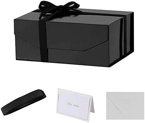 PACKGILO 1PCS Black Gift Box with Ribbon 9.5x7x4 Inches，Sturdy Gift Box with Lid for Gift Packaging, Foldable Magnetic Closure Storage Boxes, Bridesmaid proposal box, Rectangle Collapsible Box