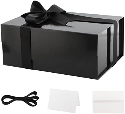 PACKQUEEN Gift Box with Ribbon and Blank Greeting Card, Black Magnetic Gift Box for Present, Groomsman Proposal Box for All Occasions (9x6.5x3.8 Inches)