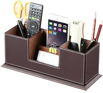 PUSU Desk Pencil Holder, PU Leather Pen Holder for Desk, Executive Desk Organizers and Accessories, Multifunctional Desk Organizer with 4 Compartments Storage Business Card/Pen/Pencil/Phone/Stationery