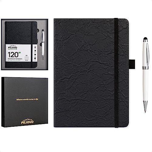Pejovo A5 Lined Leather Journal Notebook With Pen & Gift Box, (Black), 200 Pages, Medium 5.9×8.4 inches - 120gsm Thick Paper, Sturdy Hardcover Journal for Men Women Writing, Diary and Note Taking