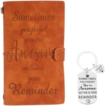 PerKoop Sometimes You Forget You're Awesome Gift Motivational Gifts Inspirational Journal Leather Journal Writing Drawing Sketchbook Stainless Steel Keychain for Him Her Gift