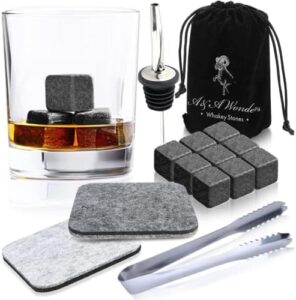 Read more about the article Premium Whiskey Stones 100% Natural Granite Set of 9 Chilling Rocks Stone Reusable Ice Cubes for Drinks with Velvet Carrying Pouch, Grey, by AA Wonders (9 Cubes)