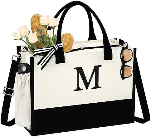 QLOVEA Personalized Birthday Gifts, 16oz Initial Embroidery Canvas Beach Bag with Strap & Zipper & Pockets, Elegant Monogrammed Gift Tote Bag for Women Teacher Bridesmaid Friendship Letter M