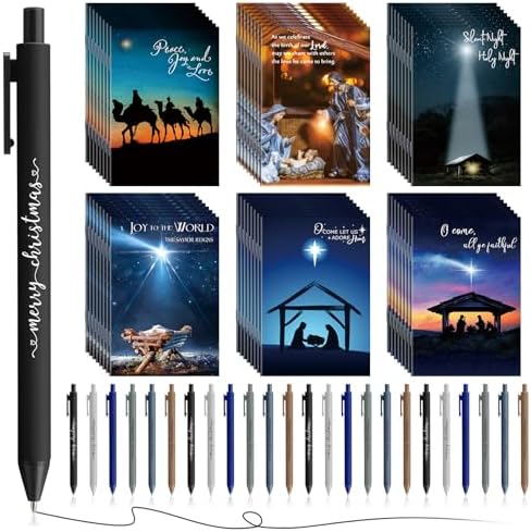 Qilery Christian Gift Notepad Nativity Pocket Notebook with Colorful Ballpoint Pens Bible Verse Journal Merry Christmas Pen Bulk Xmas Religious Inspirational Gift Church for Man School Office (36 Set)