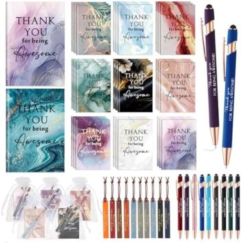 Qilery Employee Appreciation Gifts Set Bulk Include Mini Notebook, Ballpoint Pen, Leather Bookmark, Drawstring Pocket Thank You for Being Awesome Gift for Teacher Staff Volunteer Coworker (30 Set)