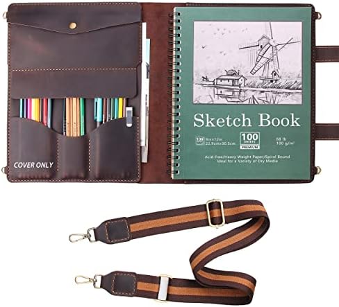 Robrasim Handmade Leather Sketchbook Cover, Artist Sketch Pad Holder for 9"X12" Sketchbook, Drawing Book and Pencil Case, Journal Notebook Portfolio with Shoulder Strap, Artist Gifts, Coffee