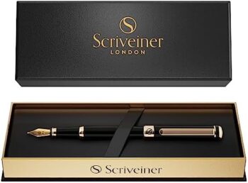 Scriveiner Luxury Fountain Pen - Stunning Black Lacquer Pen, 24K Gold Finish, Schmidt 18K Gilded Nib (Medium), Converter, Best Pen Gift Set for Men & Women, Professional, Executive, Office, Nice Pens