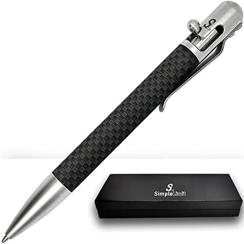 SimpleLimit Bolt Action Pen Carbon Fiber with Gift Box- Stainless Steel Luxury Ballpoint Pen (Nice Pens Giftable pen) - Office Business Writing Black Pen for Men & Women - Metal Retractable EDU Pens