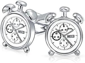 Read more about the article Time Is Ticking Stop Watch Alarm Clock Shirt Cufflinks For Executive Men Graduation Gift Bullet Hinge Back White Silver Tone Stainless Steel