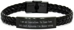 Read more about the article Unique Executive Gifts, I am an Executive. To Save Time, Executive Braided Leather Bracelet From Friends, Gifts For Colleagues, Present, Gift wrap, Bow, Card, Tag
