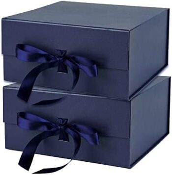 WRAPAHOLIC 2Pcs Navy Gift Box with Satin Ribbon, 8x8x4 Inches Collapsible Gift Box with Magnetic Closure for Party, Wedding, Gift Wrap, Bridesmaid Proposal, Storage