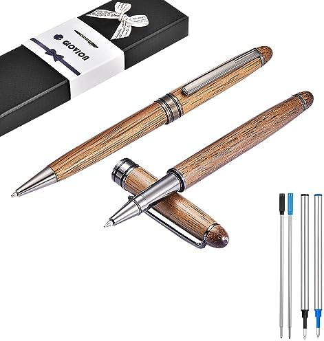 Wood Ballpoint Pen Set 2 Pack, Fancy Wooden Pens and Rollerball Pen for Men Extra 4 Ink Refills (2 Blue & 2 Black) Nice Writing Pen Sets Gift for Business Journaling Executive Signature