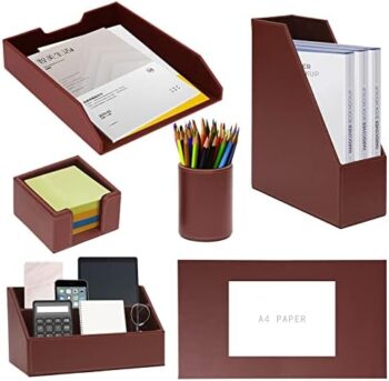 XNONE Office Supplies PU Leather 6-Piece Set Desk Organizer,Include Writing Pad,Letter Tray,file folder Sorter/Magazine Holder,Pen Cup,Note Holder,Business Card Holder,Man/Woman Office Gift,Brown