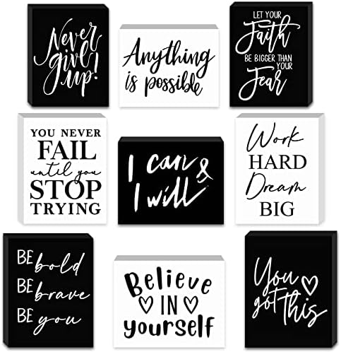 Yulejo 9 Pieces Mini Inspirational Desk Decor Motivational Quotes Wooden Signs Positive Office Desk Decor Bathroom Shelf Decors Cheer up Gifts for Women Office (Black, White, 3.5 x 2.5 x 0.47 Inch)
