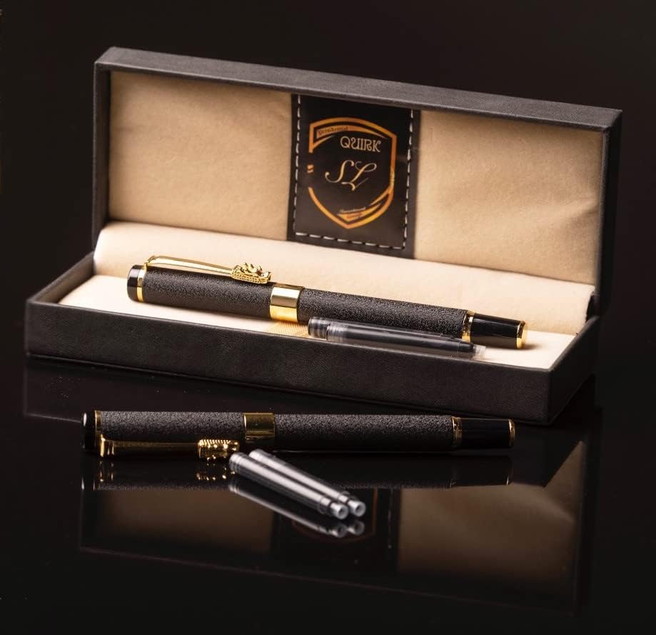 luxury matte black Fountain pen set medium nib with Luxury black Leather Gift box for Men and Women gold color with 2 spare cartridges black